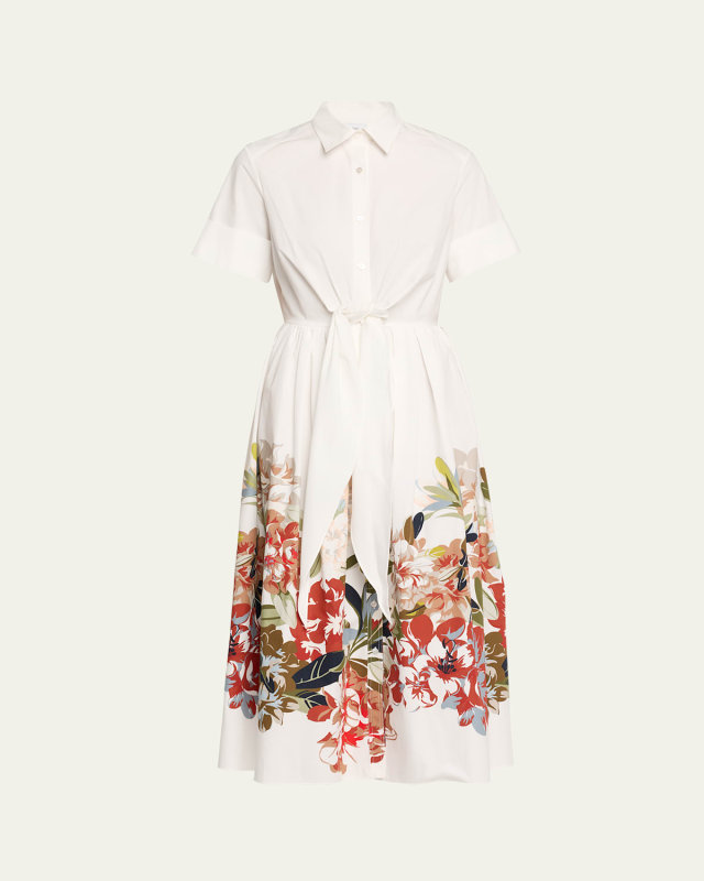 Attacher Printed Tie-Front Poplin Midi Dress